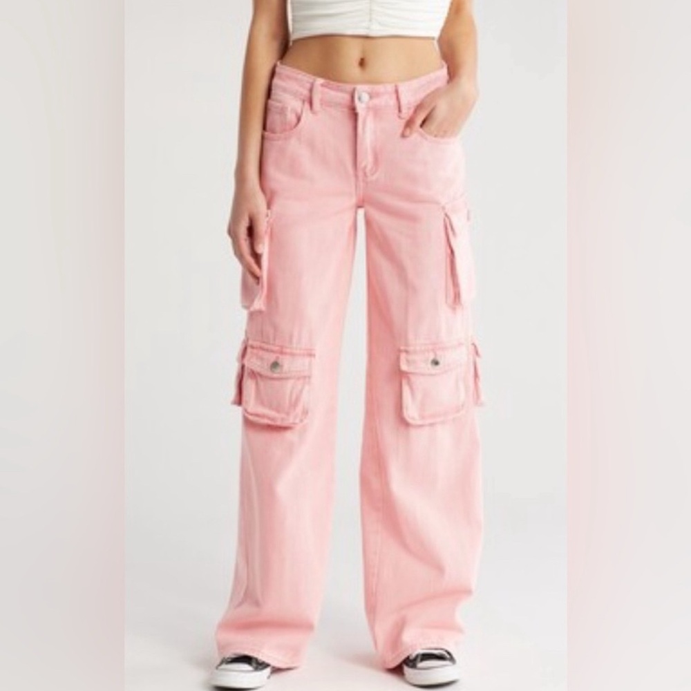 NWT Nordstrom Pink cargo pants mid rise Y2K style knee pockets baggy loose fit